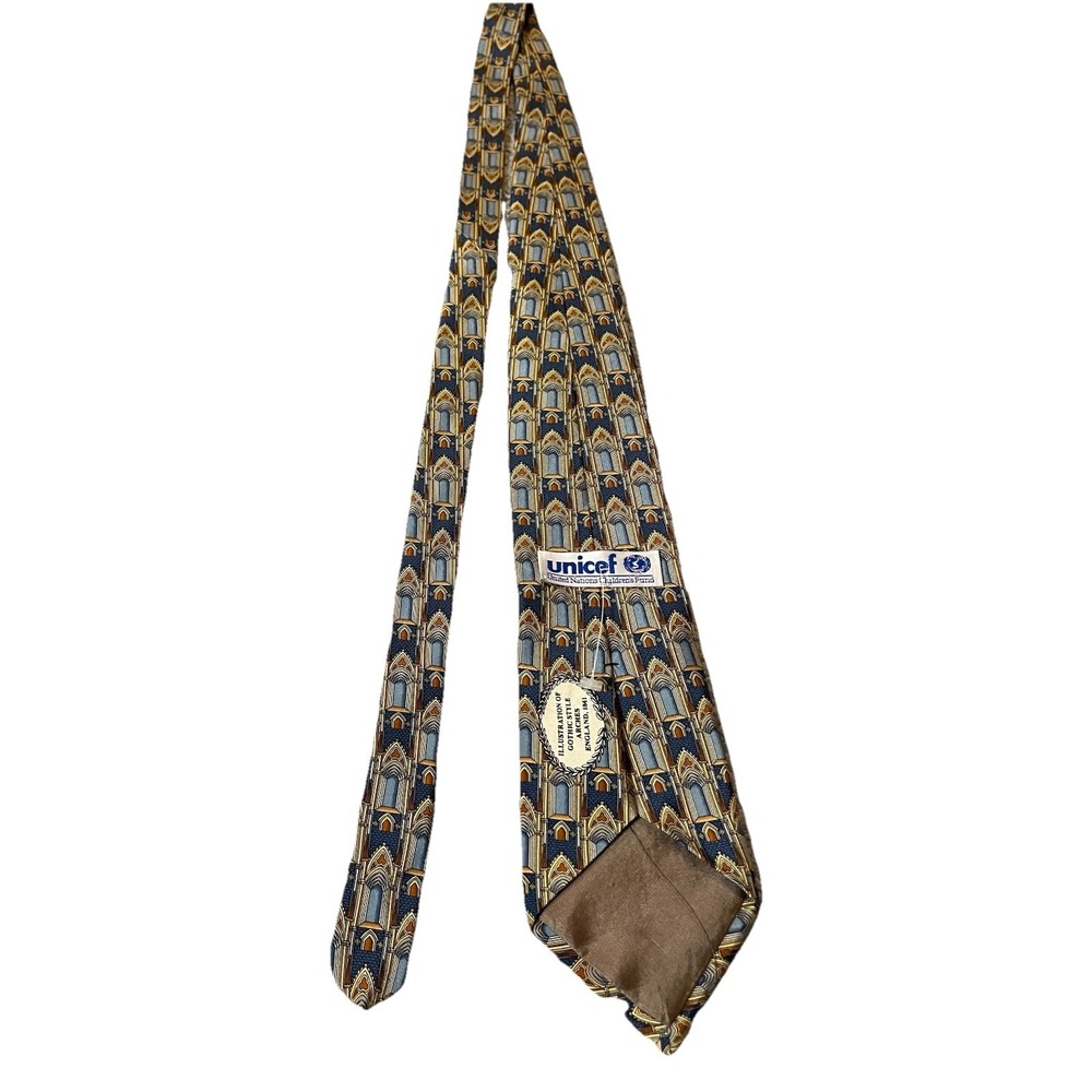 Vtg Unicef Silk Necktie Gothic Arches England Beige Navy USA Made - Picture 3 of 7